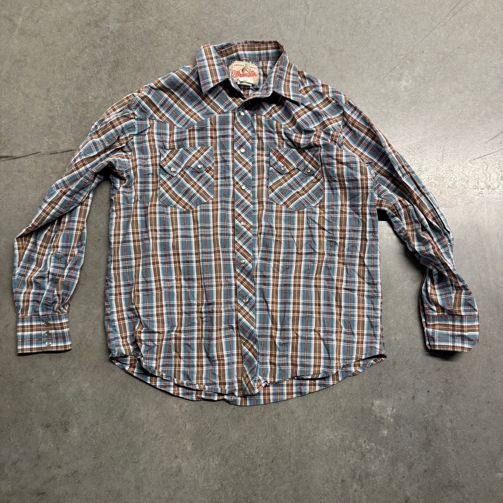 Wrangler American Cowboys Plaid Western Pearl Snap Shirt Blue Brown Gold L
